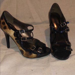 Cheetah print buckle front heels